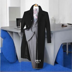 MEN'S BLACK DIAMOND 100% WOOL GABERDINE FULL LENGTH BLACK DUSTER COAT DS-1.